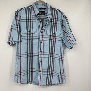 Carhartt Men's 105175 Loose Fit Midweight Short Sleeve Plaid Shirt Powder Blue s